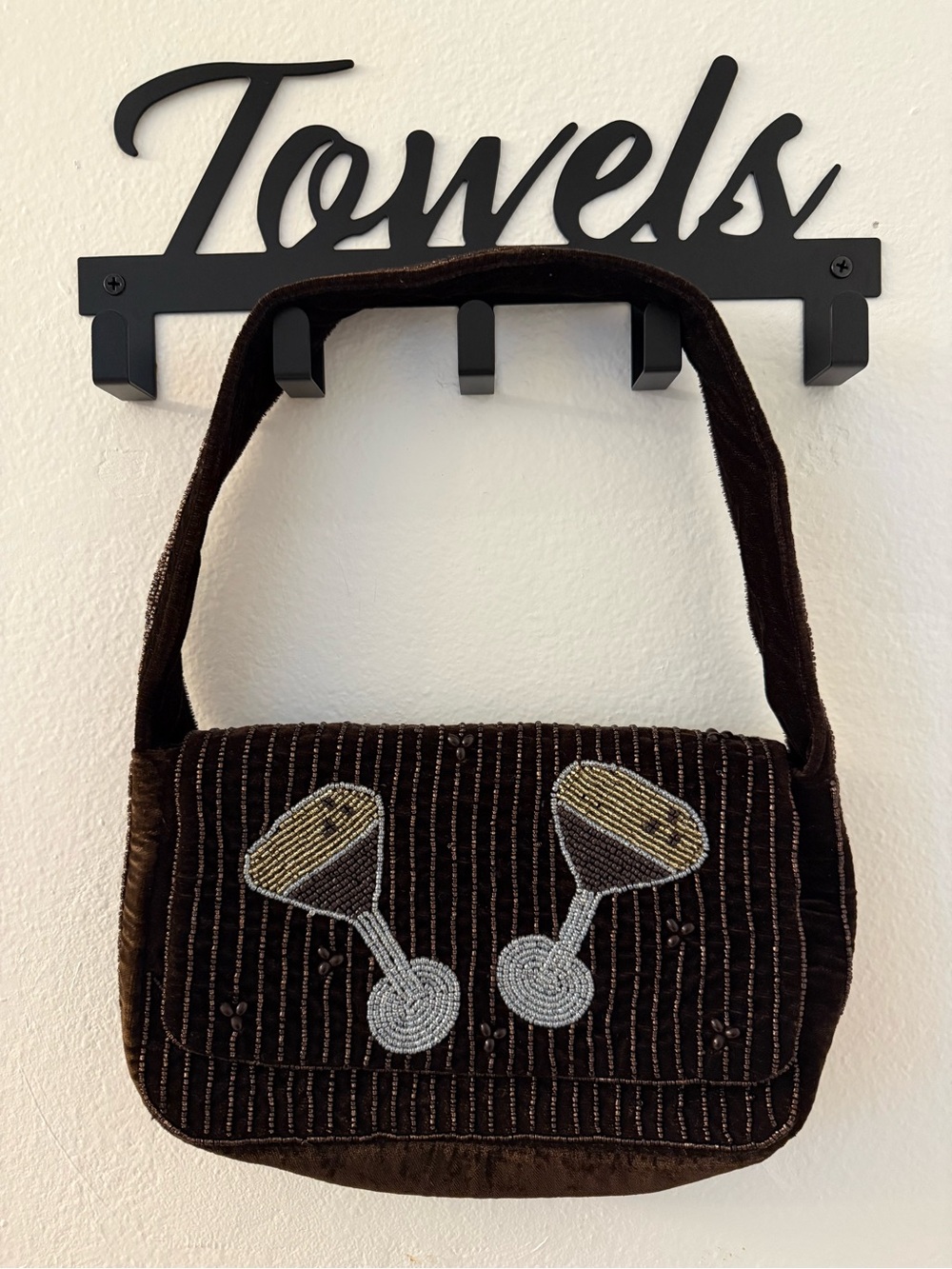 a new day Brown Velvet Beaded Cocktail Motif Shoulder Bag